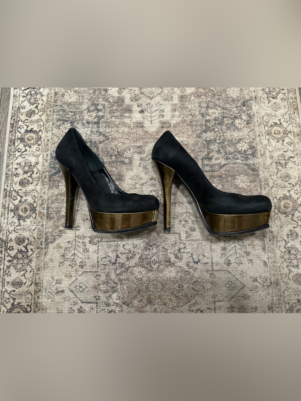 Fendi Black Suede Platform Pumps with Gold Metallic Heel